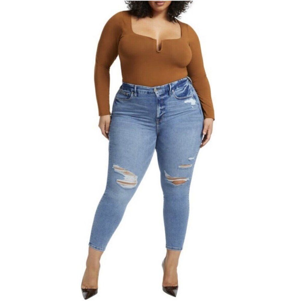 Good American Good Legs High Waist Ripped Skinny Jeans Indigo286 Plus Size 26